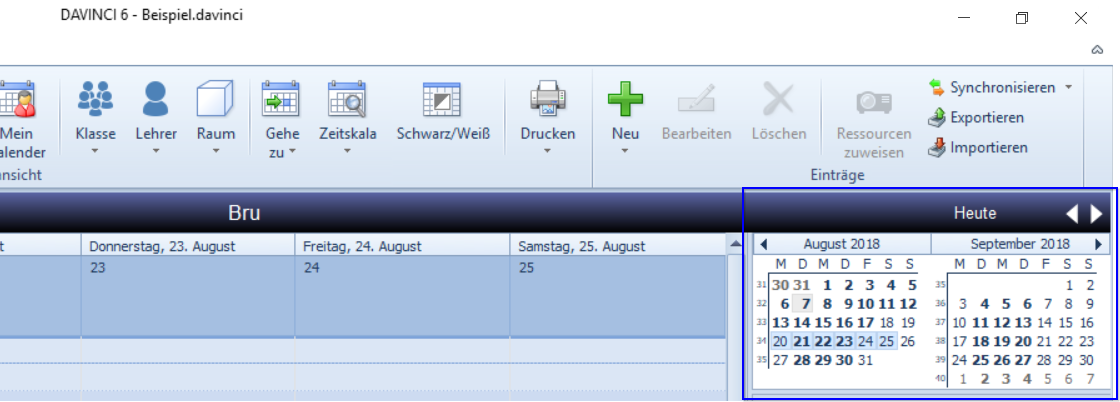 Der Datumsnavigator ermöglicht Ihnen die direkte Datumsauswahl in der Kalenderansicht.