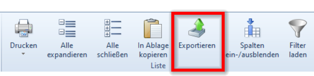 Über die Schaltfläche „Exportieren“ können Sie die Liste der Fehlzeiten als Microsoft Excel-, Text-, HTML- und XML-Datei exportieren..